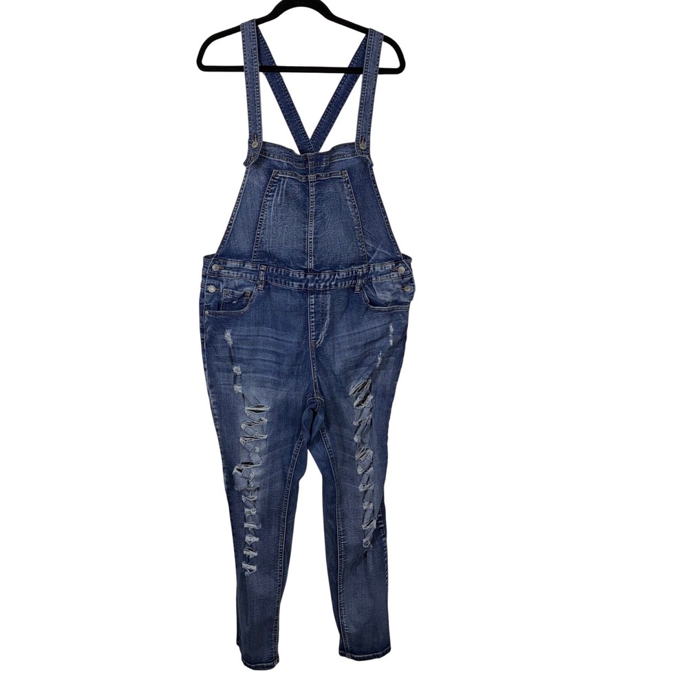 Almost Famous Plus Size 20 Distressed Denim Overalls Y2K Grunge Utility FLAW